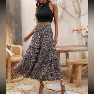 Accessories | Boho Ditsy Floral Print Ruffle Hem Maxi Skirt  display picture 2